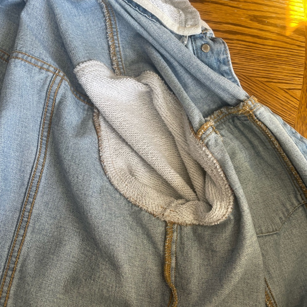 Forever 21 Blue Denim Jacket with Gray Knit Sleeves - Picture 11 of 11